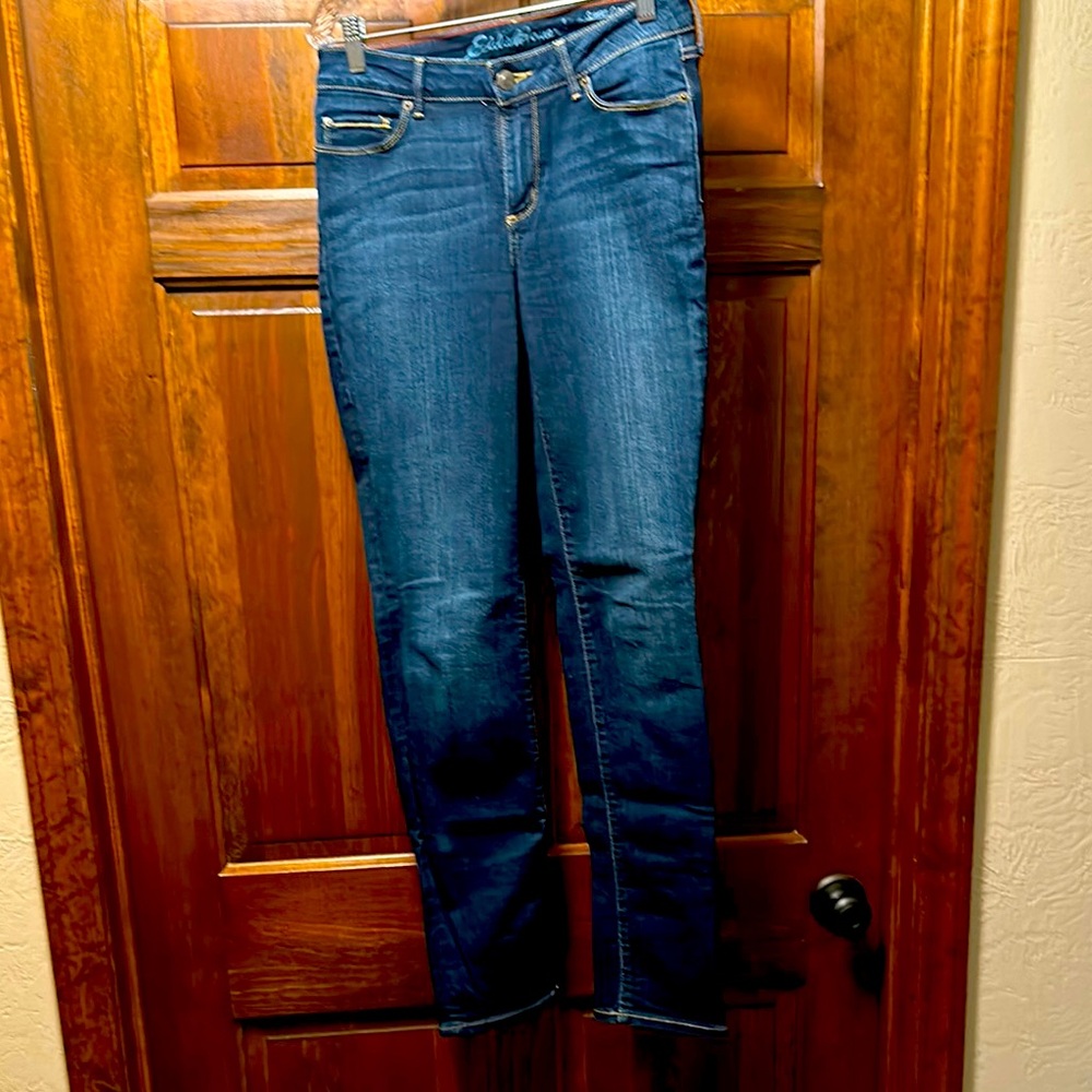 Eddie Bauer straight legged, slightly curvy blue jeans